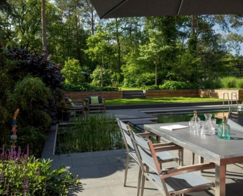 Schwimmteich mit Steinbrücke