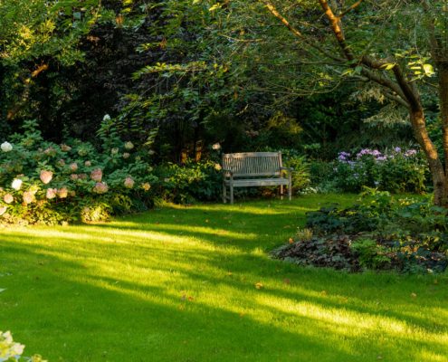 Sitzbank in einem Hausgarten, umgeben von blühenden Stauden