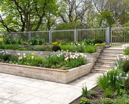 Vorgarten mit Höhenunzterschied. Naturstein und Hochbeete Vorgarten mit Höhenunzterschied. Naturstein und Hochbeete