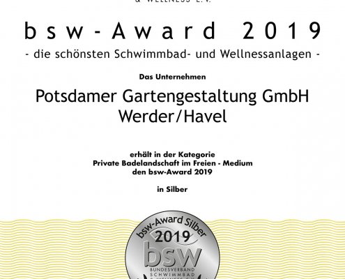 Urkunde für "Schwimmbad-Oscar", Auszeichnung des Bundesverbandes Schwimmbad und Wellness e.V.