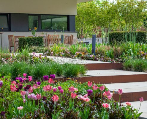 Eingangsbereich im Hausgarten, blühende Pflanzen