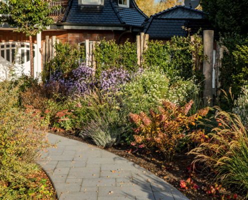Gartenweg im Herbst mit Staudenbepflanzung