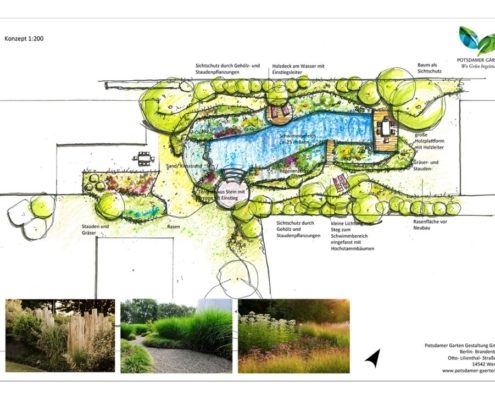 Konzept eines Schwimmteichgartens, handgezeichnet